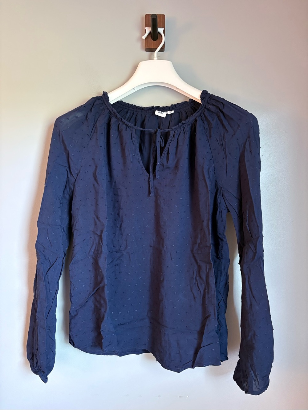 GAP Small Navy Blue Swiss Dot Tie Neck Long Sleeve Peasant Blouse Top